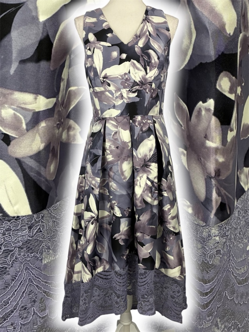 Fairy Grunge Sateen Dress 6 Lace Trim Floral High Low Sleeveless Pleated A-Line